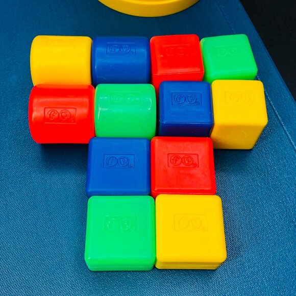 1977 Fisher Price Baby's First Blocks Shape Sorter Yellow Bucket Blue Lid - Picture 2 of 10